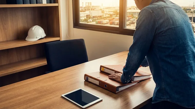 Owner reviewing payroll binders at a desk with a hard hat on the shelf, Pennsylvania Employer Requirements