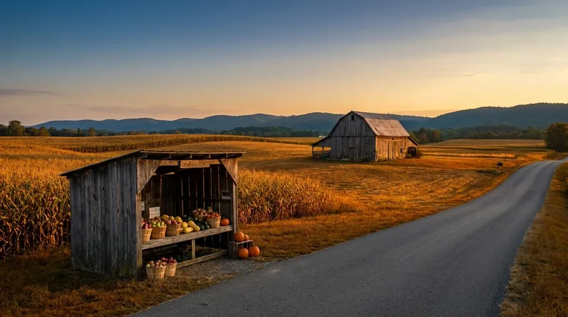 Wooden farm stand of produce beside a country road with a barn and hills, How to Start a Farm Business in Pennsylvania