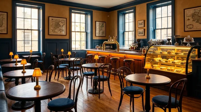 Warm cafe interior with bistro tables and a pastry case, How to Open a Restaurant in Pennsylvania