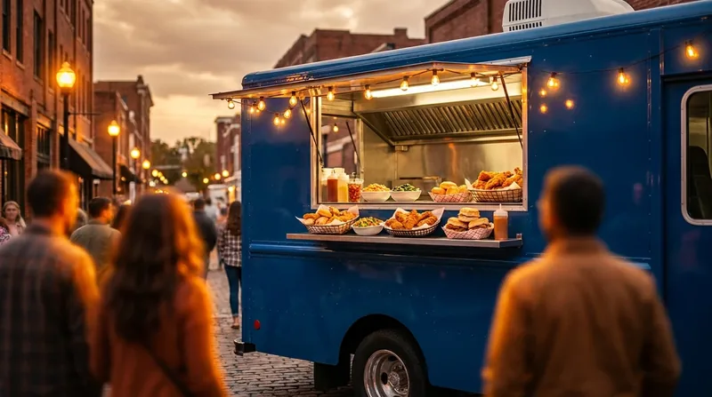 Customers lining up at a food truck window at dusk, How to Start a Food Truck Business in Pennsylvania