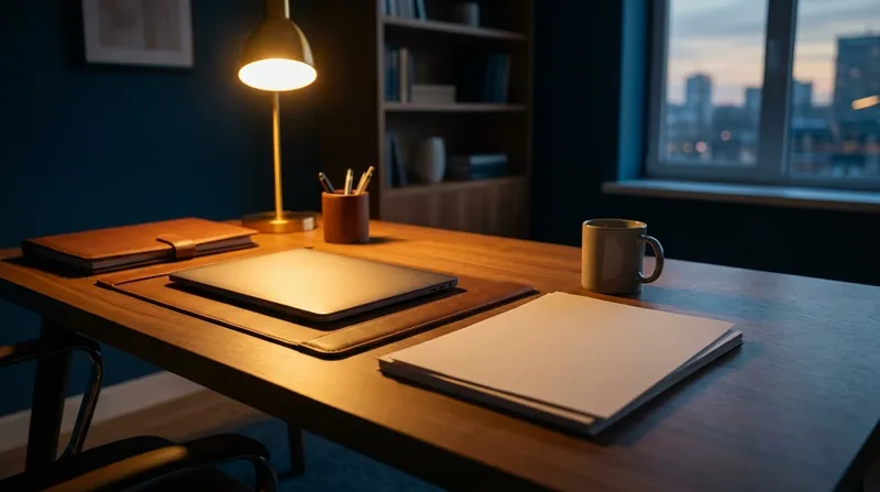 Business formation folders and a closed laptop on a lamp-lit desk, Pennsylvania Annual Report