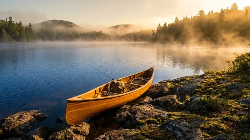Wooden canoe on a rocky shore of a misty forested lake at sunrise, How to Start a Campground or RV Park in Pennsylvania