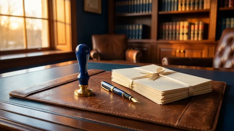 Embossing seal, fountain pen and stacked documents on a leather desk pad, Pennsylvania Professional Licenses
