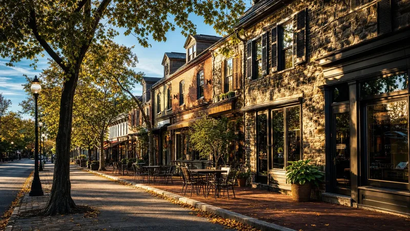 Fieldstone and brick storefronts on a tree-lined suburban main street, Delaware County, PA Business License