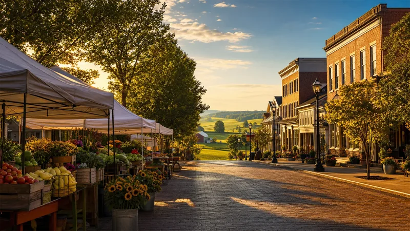 Brick Federal-style storefronts on a small-town square with farmland beyond, Lancaster County, PA Business License