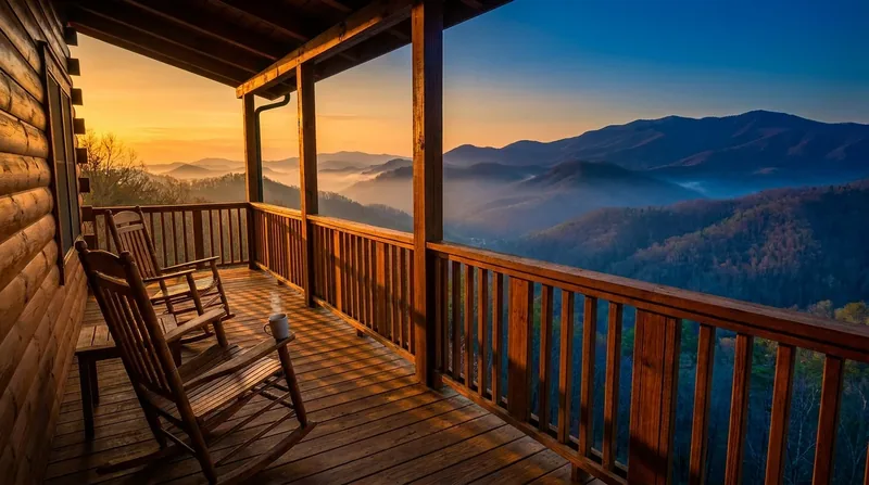 Cabin porch with rocking chairs overlooking forested mountain ridges, How to Start a Short-Term Rental Business in Pennsylvania