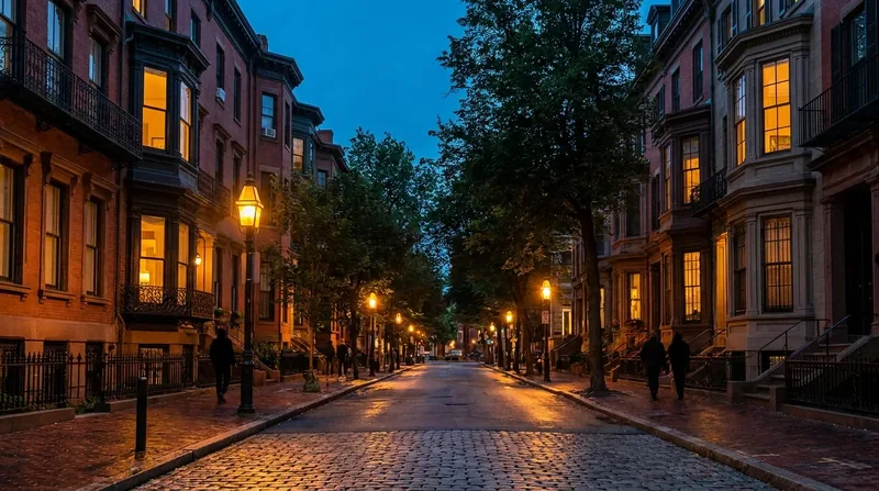 Brick rowhouse street with lit windows and street lamps at dusk, How to Get a Philadelphia Rental License and Run Rental Property as a Business