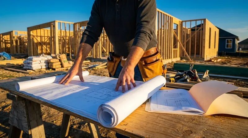 Contractor reviewing blueprints at a framed residential jobsite, Pennsylvania Uniform Construction Code