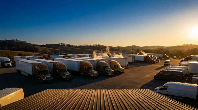 Box trucks and semis parked at a logistics yard at sunrise, How to Start a Trucking Company in Pennsylvania